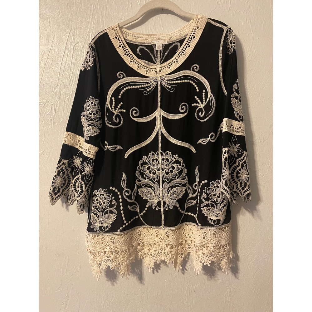 EST 1946 Black Embroidered Boho Tunic Top Crochet Lace‎ Trim Small